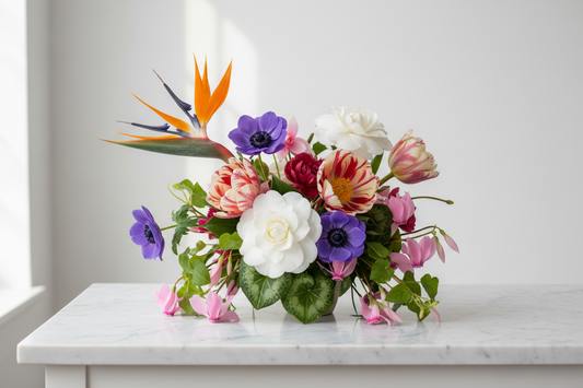 Mixed bouquet with Bird of Paradise, camellias, tulips and anemones on white marble, natural light