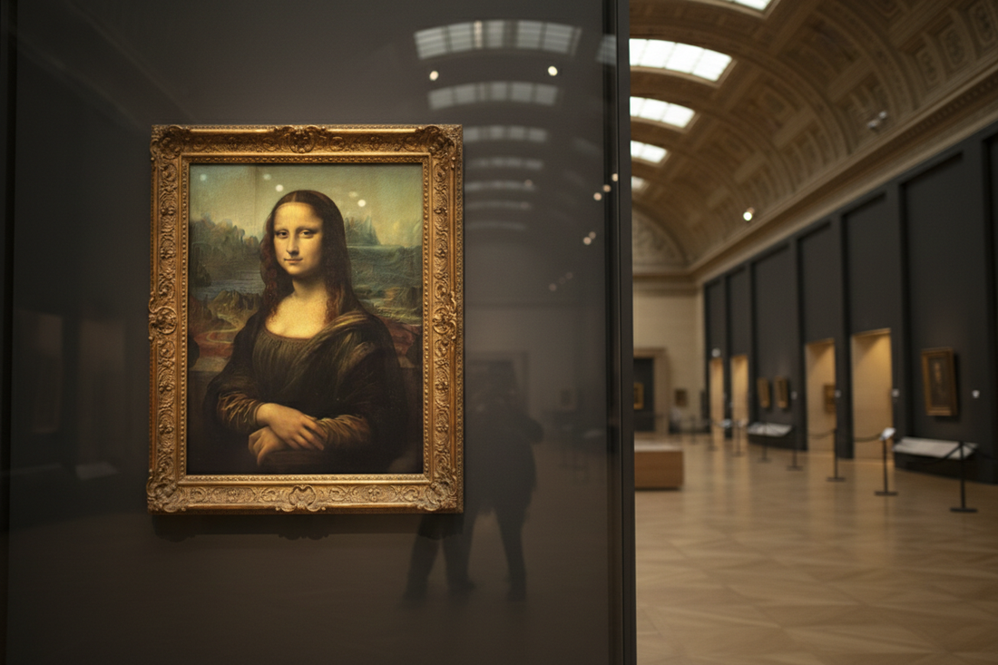 The Mona Lisa painting behind bulletproof glass in an empty Louvre museum gallery with warm lighting and gilded frame