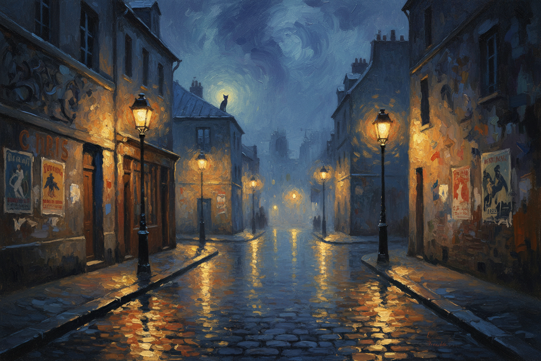 Montmartre cobblestone street at night with gas lamps and black cat silhouette on rooftop, Belle Époque 1890s atmosphere