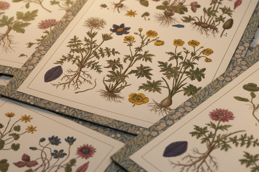 Detail of Gianbattista Morandi's Historia Botanica Practica 1744 botanical engraving plates with hand-coloured floral specimens and ornate Prussian blue borders on aged vellum - LeBonJournal
