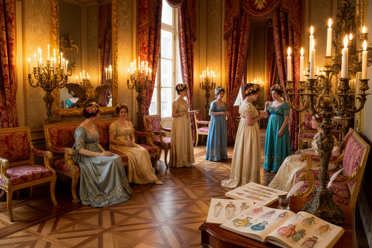 Napoleonic Empire salon Paris gilded furniture crimson silk women in Empire gowns with floral headdresses
