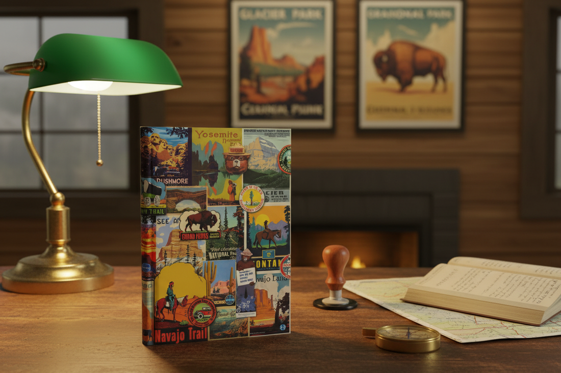 1930s ranger desk with WPA national parks posters journal field diary and brass compass celebrating Federal Art Project legacy - LeBonJournal
