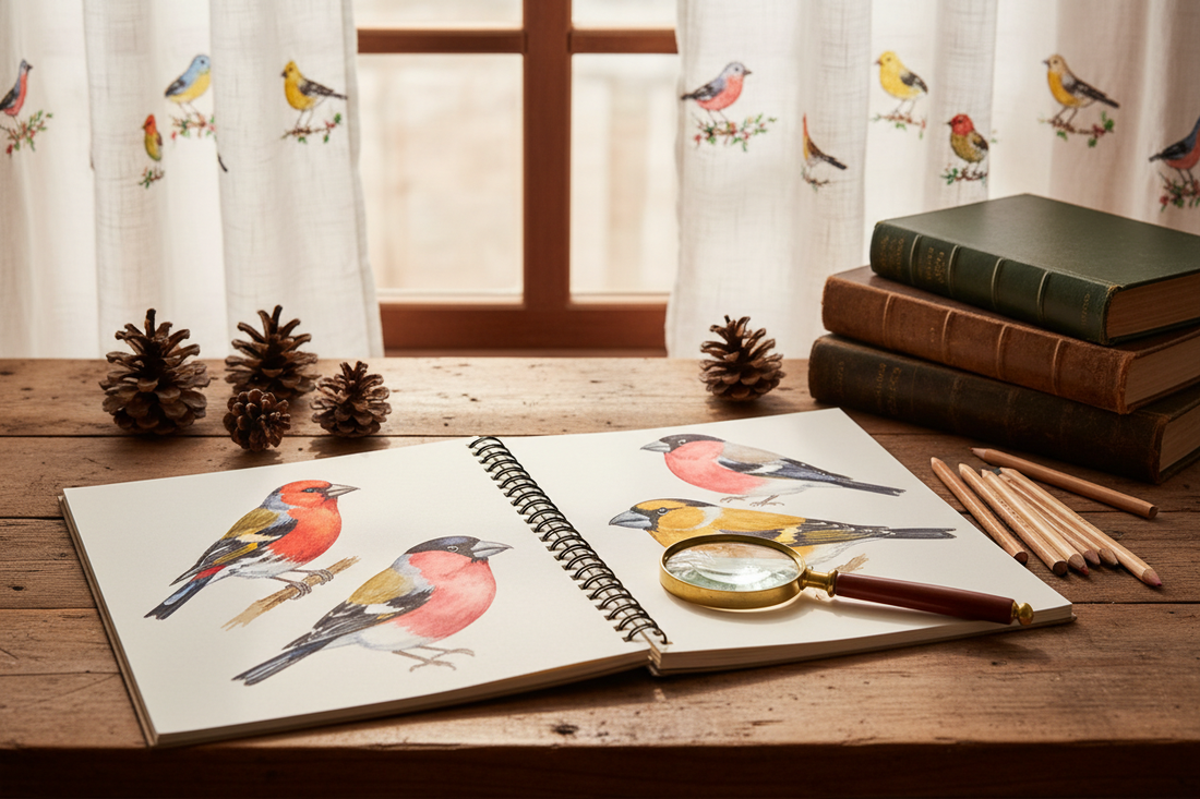 Rustic wooden table with open notebook showing colorful watercolor finch illustrations, pine cones, colored pencils and natural history books beside a window with divided panes and bird-embroidered curtain - LeBonJournal