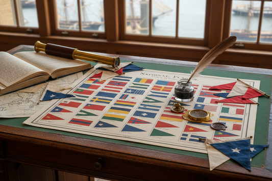Mid-19th century New York harbor master desk with Colton 1863 national flags chart signal pennants brass telescope compass and ship logbook - LeBonJournal