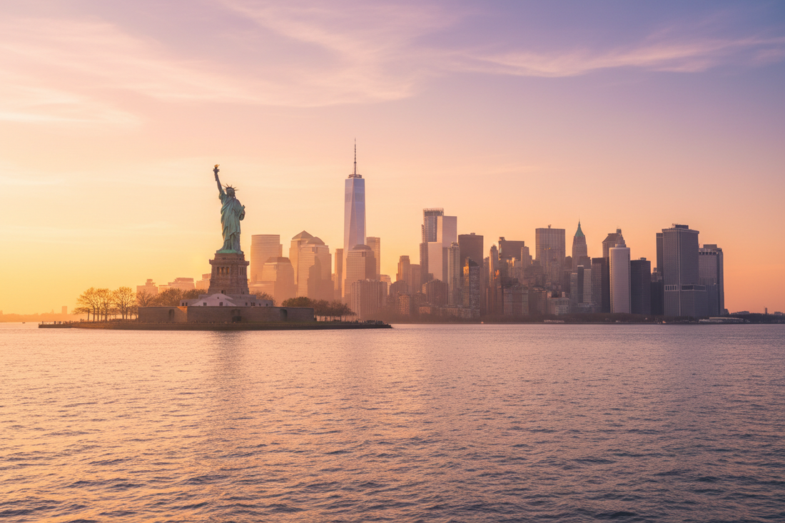 New York City skyline seen from the water with the Statue of Liberty in the foreground at golden hour