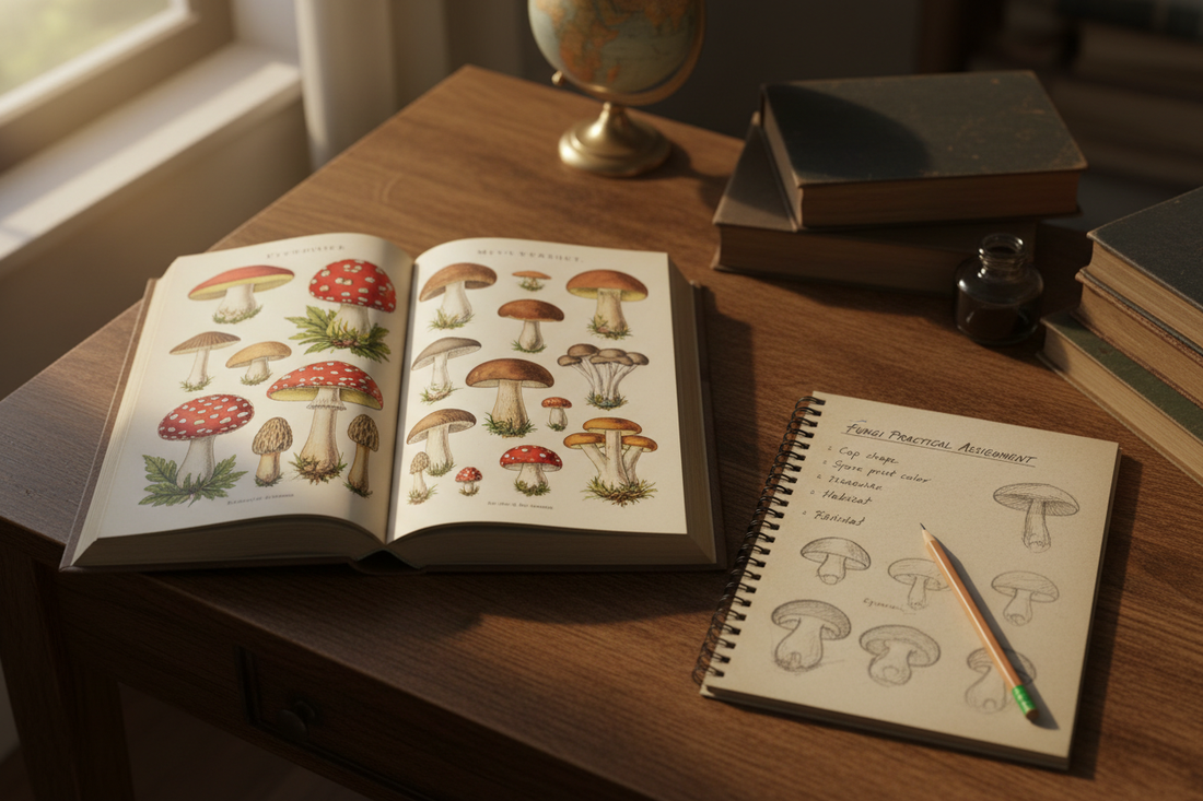 Student's wooden desk with open encyclopedia showing mycological plate and school notebook with hand-drawn mushroom sketches and handwritten notes
