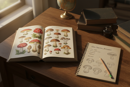 Student's wooden desk with open encyclopedia showing mycological plate and school notebook with hand-drawn mushroom sketches and handwritten notes