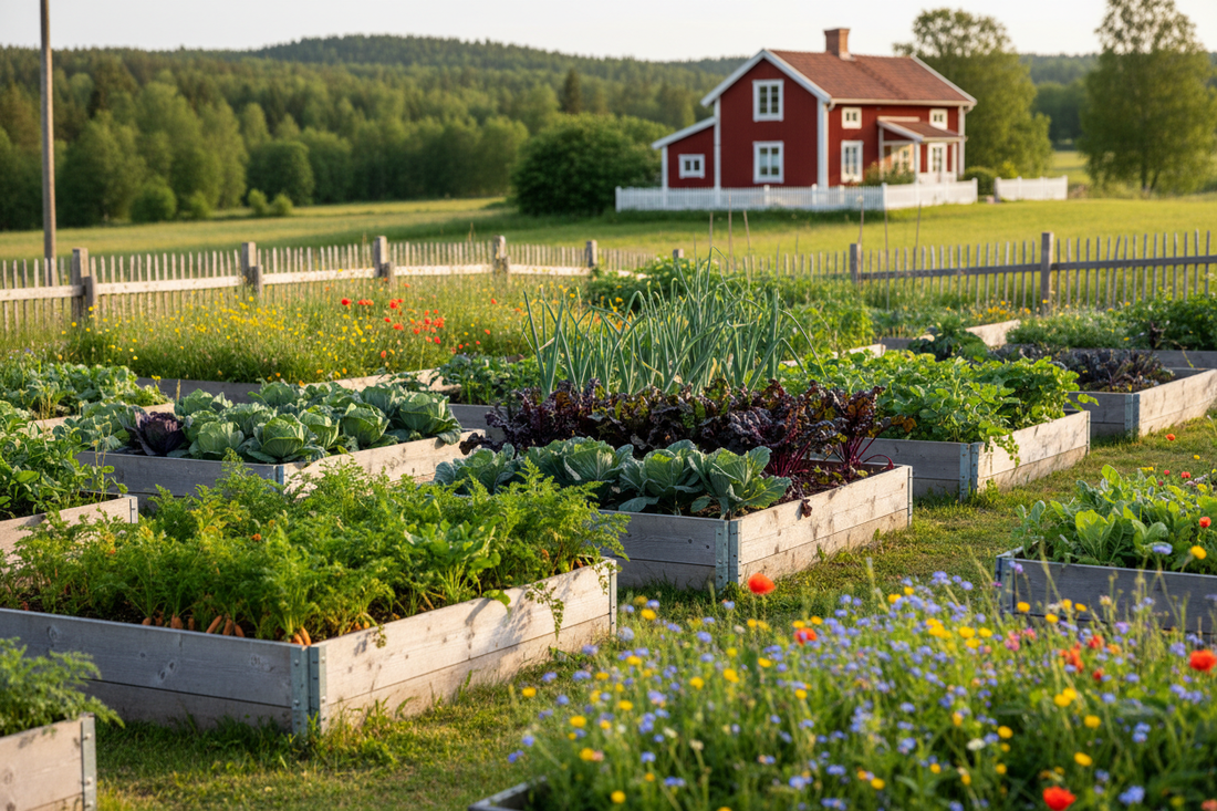 Traditional Nordic kitchen garden in summer with raised beds of carrots, cabbages, leeks and kale beside a red Swedish farmhouse