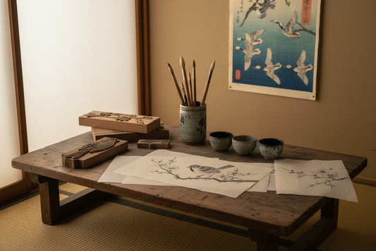 Japanese woodblock print studio with carved woodblocks, washi paper, ink pots and brushes in Taisho era Shin-hanga style - LeBonJournal
