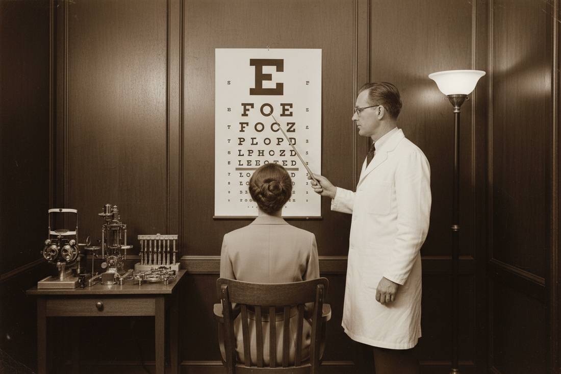 1940s ophthalmologist pointing to a Snellen eye chart during a patient examination, vintage black and white photography