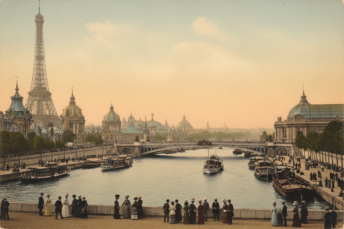 Paris 1900 Exposition Universelle view from the Seine with Eiffel Tower, national pavilions and Pont Alexandre III in Belle Époque golden light - LeBonJournal