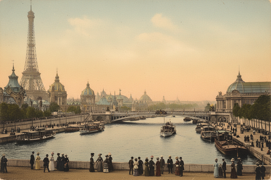 Paris 1900 Exposition Universelle view from the Seine with Eiffel Tower, national pavilions and Pont Alexandre III in Belle Époque golden light - LeBonJournal