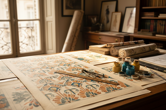 1920s Parisian Art Déco designer's atelier with geometric and floral pattern drawings in gouache, compass, ruler and brushes on the desk, warm natural light