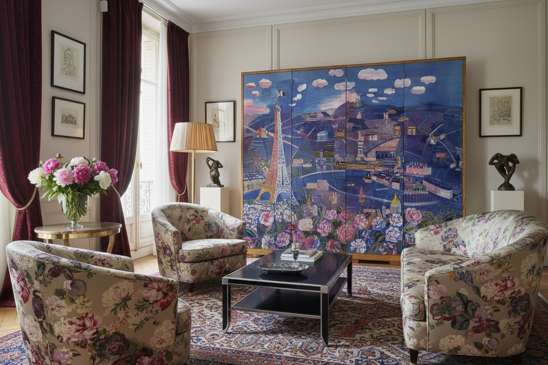 Art Déco Parisian salon in 1925 with Raoul Dufy's Panorama de Paris decorative screen as centrepiece, Art Déco armchairs, silk floor lamp, tall windows and a vase of peonies on a side table