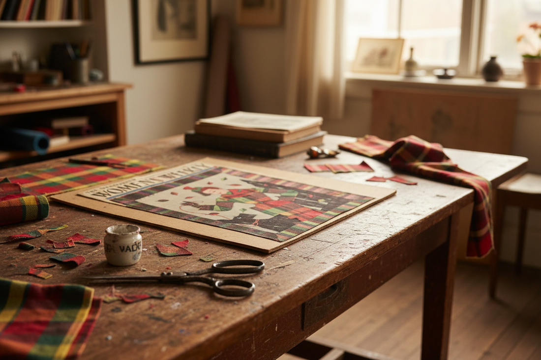 Artist's work table with scattered red, green and yellow tartan fabric scraps, vintage scissors, glue pot, paintbrushes and a fabric collage in progress on cardboard, warm natural light