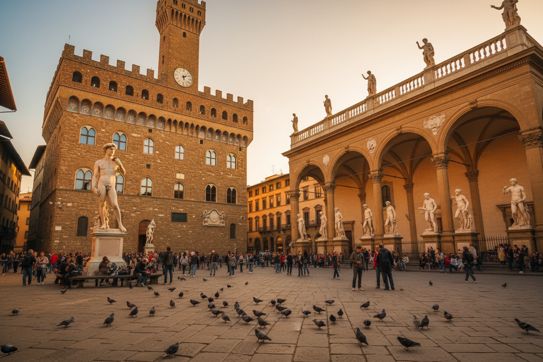 Piazza della Signoria Florence with Palazzo Vecchio, David replica and Loggia dei Lanzi in golden afternoon light