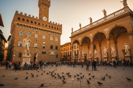 Piazza della Signoria Florence with Palazzo Vecchio, David replica and Loggia dei Lanzi in golden afternoon light