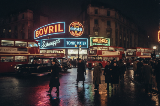 Piccadilly Circus at night circa 1949, neon signs for Bovril Guinness Schweppes reflecting on wet cobblestones, red double-decker buses and black taxicabs in postwar London