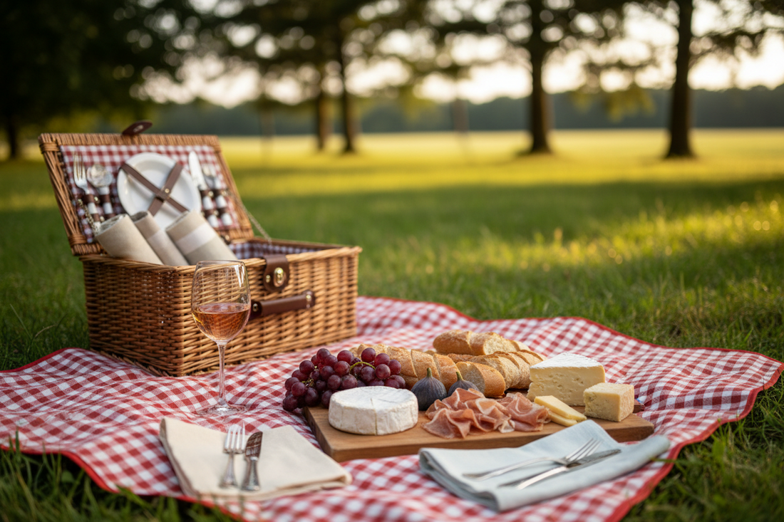 Picnic spread on a red and white gingham blanket with a wicker basket, brie, cheddar, baguette, grapes, prosciutto and a glass of rosé wine in golden afternoon light