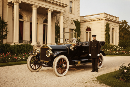Early 20th century luxury automobile with uniformed chauffeur standing at attention before a Beaux-Arts mansion, circa 1914 - LeBonJournal
