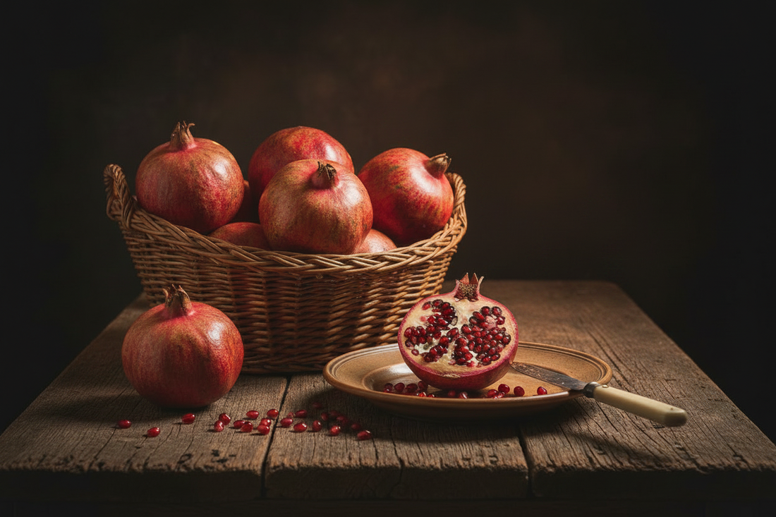 Whole and open pomegranate on an old earthenware plate with a vintage knife and scattered seeds, wicker basket of pomegranates on a rustic wooden table, soft natural light