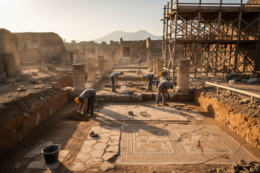 archaeological excavation at Pompeii uncovering an ancient Roman domus with mosaic floor fragments and stone columns