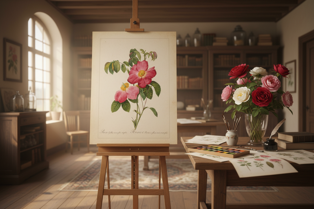 Redouté's early 19th century botanical studio with a Rosa Gallica watercolour in progress on the easel, a vase of roses, watercolour paints, fine brushes and quill pen on the worktable