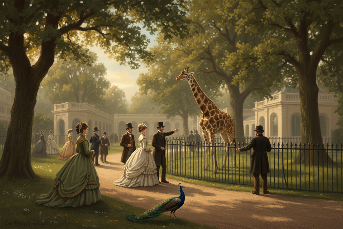 Victorian visitors in top hats strolling past iron railings at Regent's Park with a giraffe in the distance and a peacock in the foreground, golden afternoon light - LeBonJournal