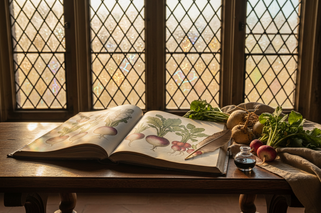 Renaissance scholar's study table with open botanical manuscript, quill pen and fresh turnips and radishes beside a leaded glass window casting warm golden light - LeBonJournal
