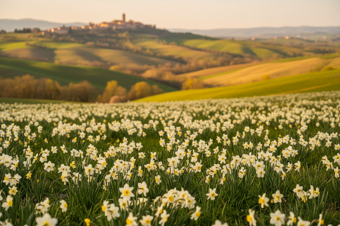 Wild narcissus in bloom on the rolling hills of Le Marche in spring, with a hilltop town visible in the soft-focus distance — the landscape painted by Gherardo Cibo in the 1560s