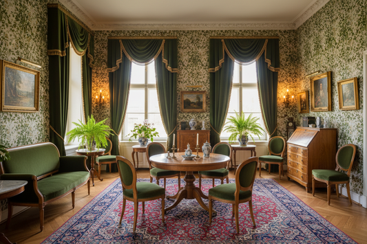 Biedermeier salon with heavy green velvet curtains, ornate floral wallpaper, cherry wood furniture and framed paintings, warm 19th century Central European interior