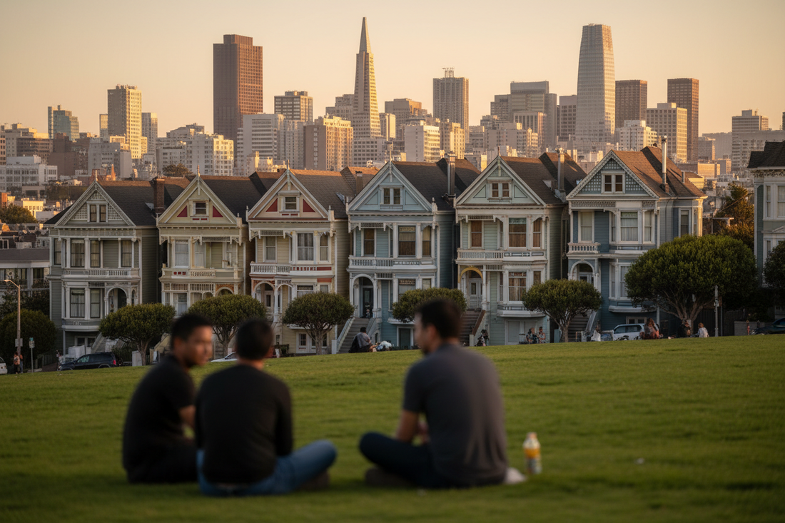 San Francisco Painted Ladies Victorian houses at golden hour with downtown skyline behind Alamo Square park - LeBonJournal