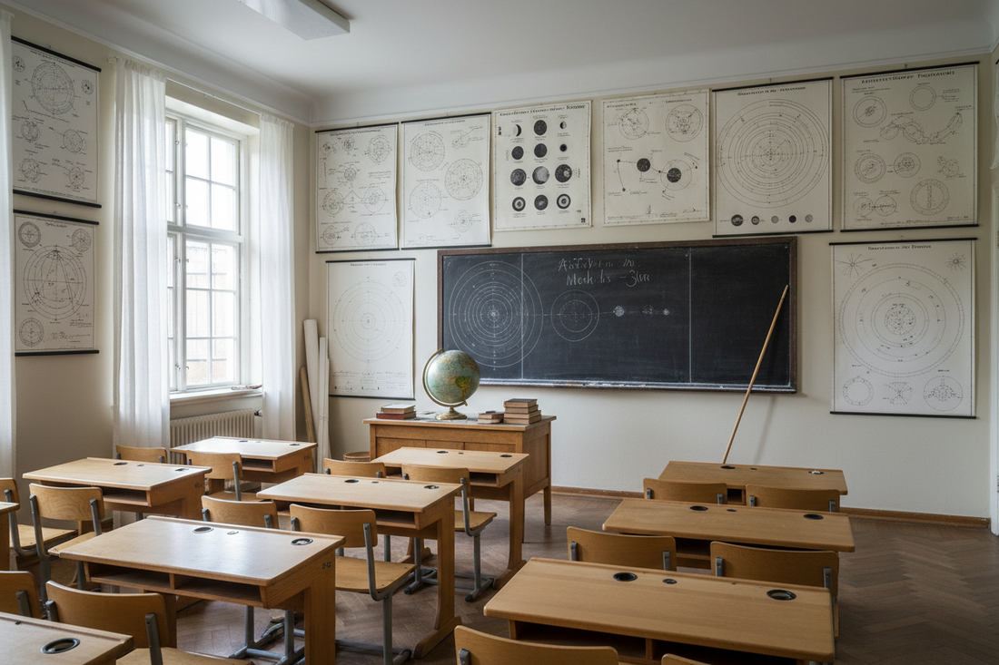  Scandinavian classroom circa 1950 with astronomy wall charts showing solar system moon phases and eclipse diagrams on wooden desks and blackboard
