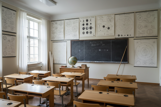  Scandinavian classroom circa 1950 with astronomy wall charts showing solar system moon phases and eclipse diagrams on wooden desks and blackboard