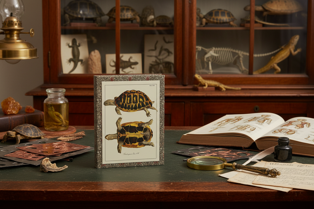 Schöpf 1792 Testudo graeca turtle journal on Victorian herpetologist's desk with cabinet of curiosities, tortoise shells and copper engraving plates - LeBonJournal