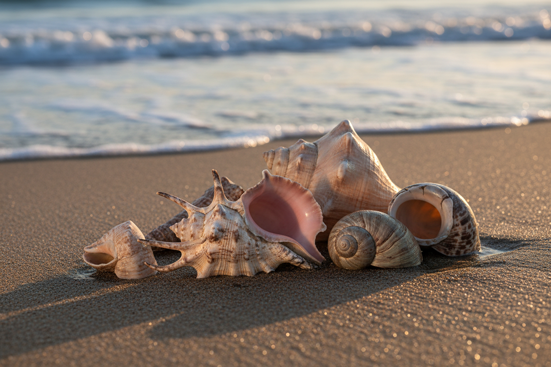 Collection of extraordinary seashells including Venus Comb Murex, Queen Conch, Triton's Trumpet and Cowrie arranged on wet sand at golden hour with gentle waves in soft focus background