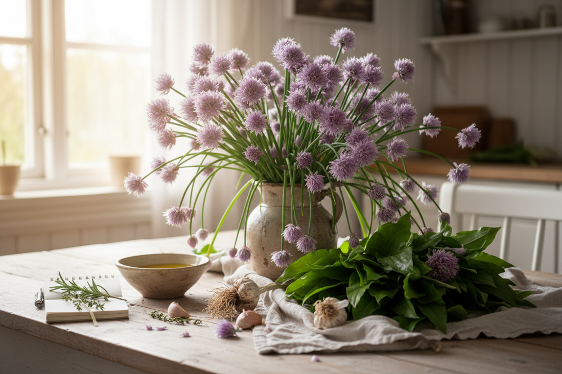 Fresh Siberian chives with purple flowers and wild garlic leaves overflowing on a Nordic cottage kitchen
