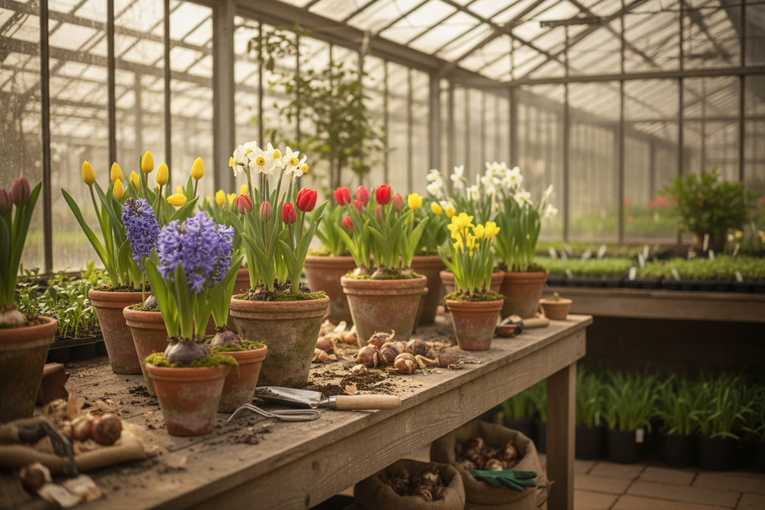 Spring bulbs hyacinths tulips and daffodils in a botanical nursery greenhouse with terracotta pots and gardening tools — LeBonJournal