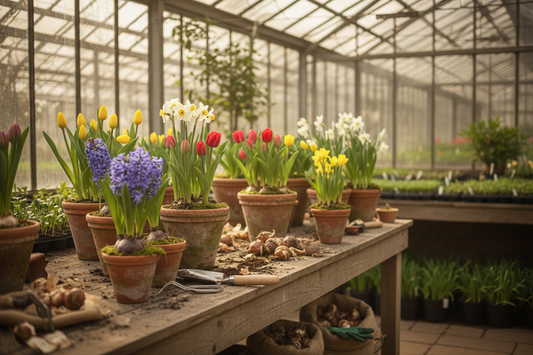 Spring bulbs hyacinths tulips and daffodils in a botanical nursery greenhouse with terracotta pots and gardening tools — LeBonJournal