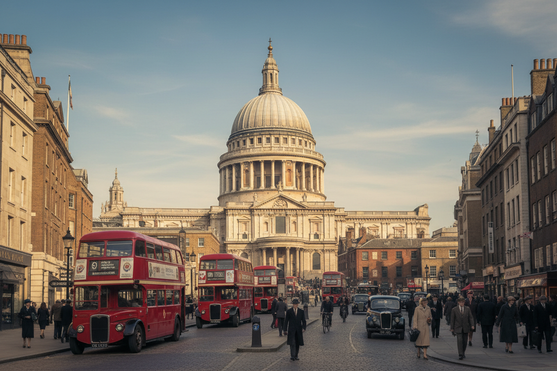 View up Ludgate Hill toward St. Paul's Cathedral on a bright sunny day with red double-decker buses and pedestrians in warm golden light