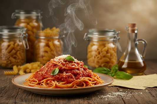 Steaming plate of spaghetti with tomato sauce on a rustic Italian kitchen table with glass jars of dried pasta olive oil fresh basil and handwritten recipe in warm golden light
