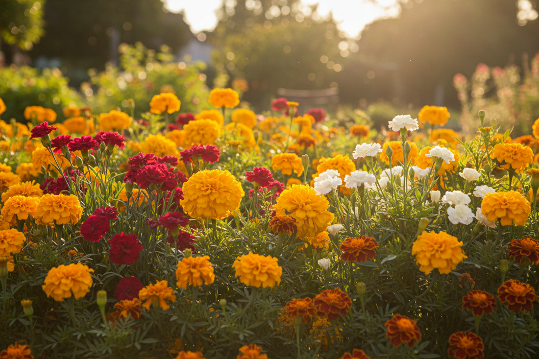 Summer garden with orange and yellow marigolds and carmine carnations in full bloom, golden afternoon light - LeBonJournal