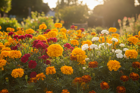 Summer garden with orange and yellow marigolds and carmine carnations in full bloom, golden afternoon light - LeBonJournal