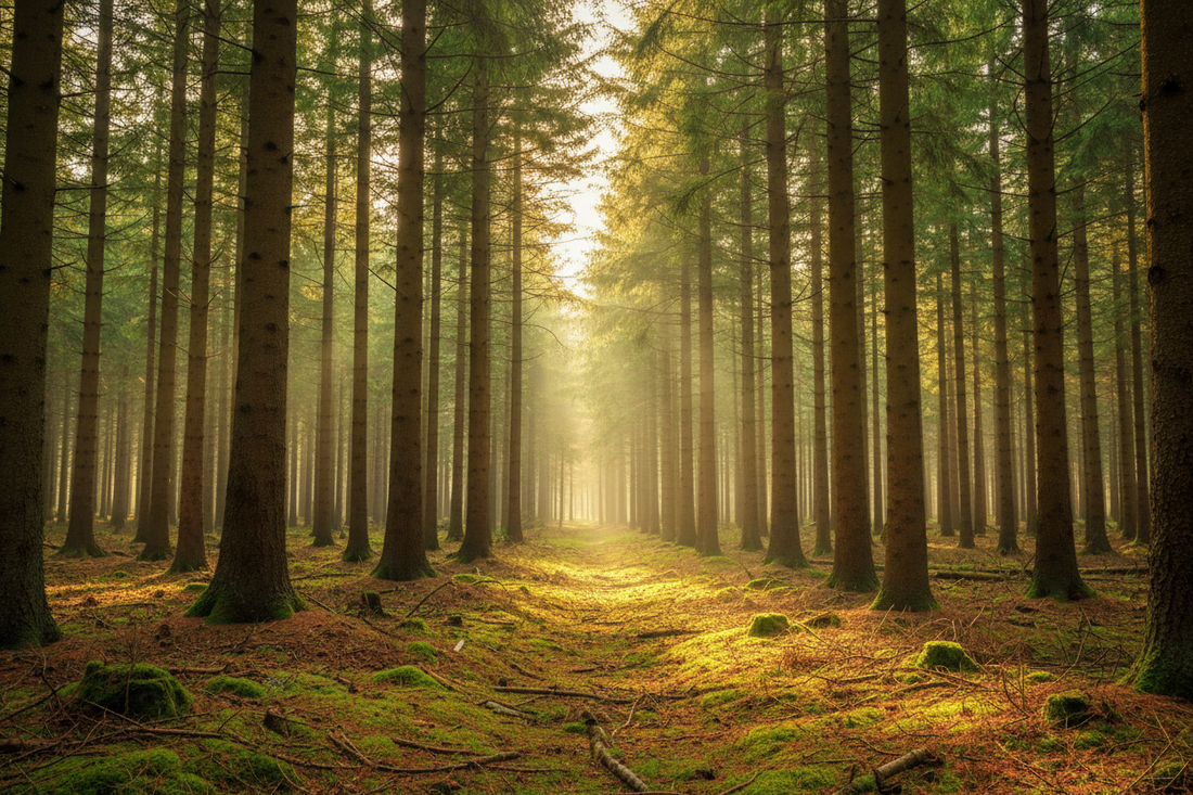 Sunlit conifer forest with tall pine and fir trees, golden light filtering through the canopy