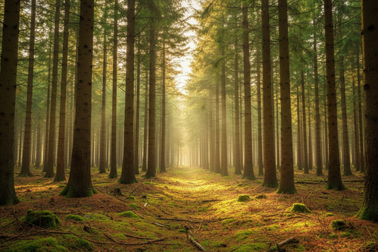 Sunlit conifer forest with tall pine and fir trees, golden light filtering through the canopy