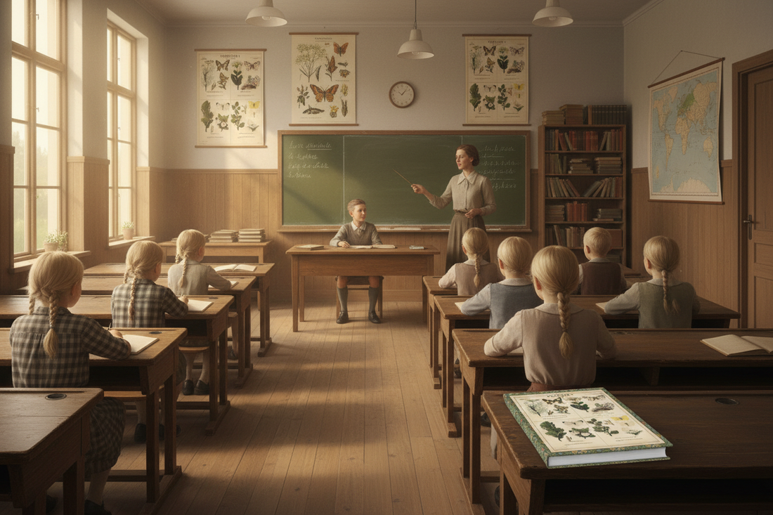 Vintage Swedish classroom with butterfly illustration charts on the walls and a hardcover butterfly journal on the desk