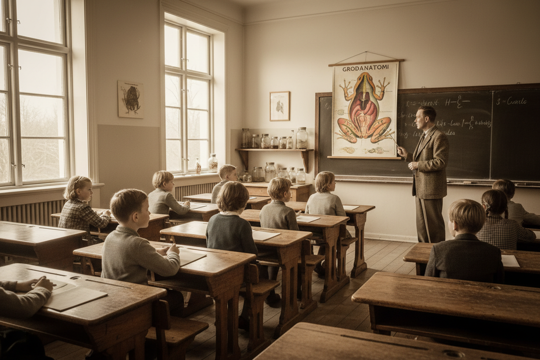 Swedish science classroom in the 1950s with a frog anatomy skolplansch wall chart mounted at the front, teacher pointing to the dissection diagram, wooden desks, northern light through tall windows