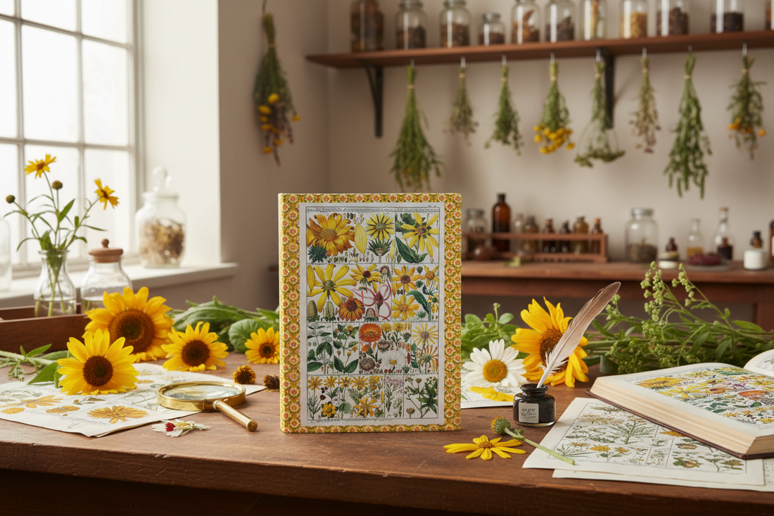 Syngenesia journal with Geisler 1795 Linnaean sunflower classification chart on a natural history laboratory table with composite flowers, botanical folios and magnifying glass - LeBonJournal
