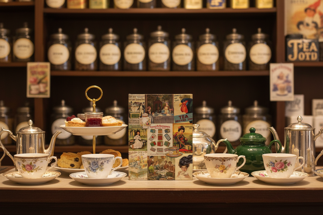 Tea journal with vintage advertising collage cover on the counter of a charming early 20th century tea shop with glass jars of loose-leaf teas, fine porcelain teacups, silver teapots and a three-tiered stand with scones - LeBonJournal