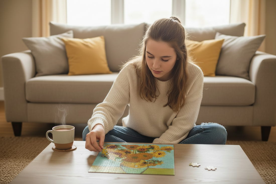 Teenage girl in cream sweater sitting cross-legged on floor assembling Van Gogh Sunflowers jigsaw puzzle on low coffee table with steaming mug in warm cosy living room with grey sofa and yellow cushions